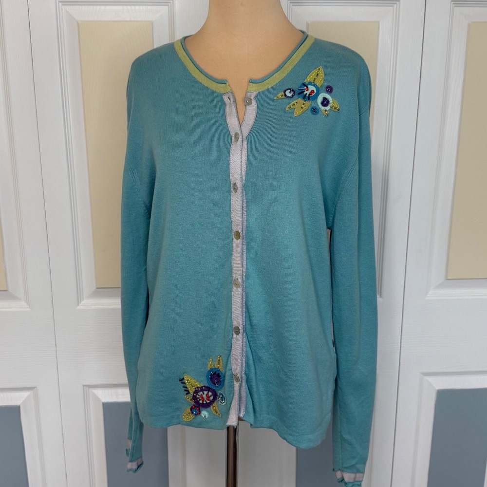 Icelandic Design Teal Blue Cotton Beaded Floral Embroidered Cardigan Sweater L
